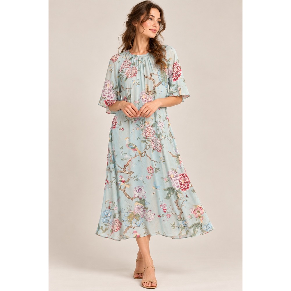 GP & J Baker x H&M Chinoiserie Bird Floral Midi Dress Cottagecore Sz 10